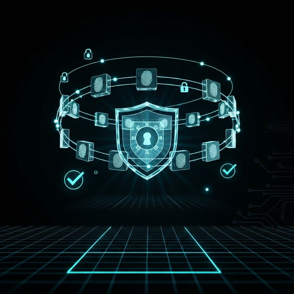 Abstract visualization of financial trust architecture: a translucent shield surrounded by orbiting encrypted data blocks connected by luminous cyan light threads, with lock icons and checkmark nodes.